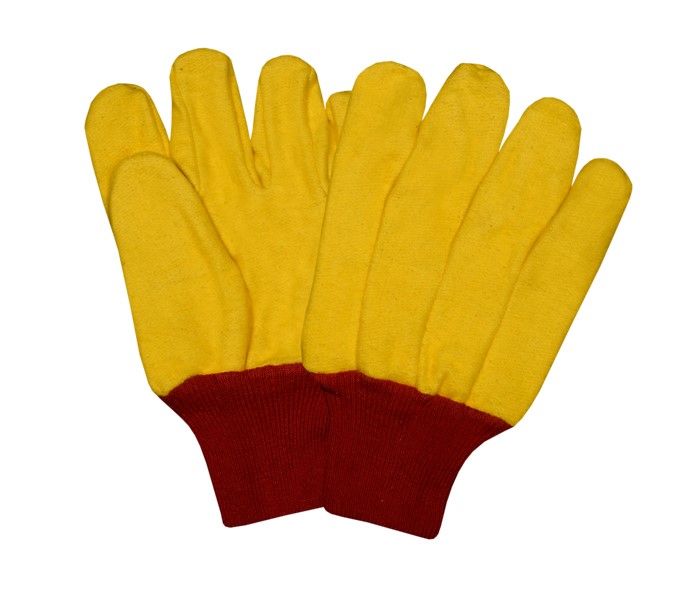 Yellow Chore Gloves Single Ply With Red Knitted Wrist